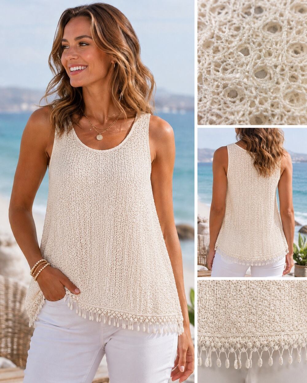 Chico’s Crochet Lace Fringe Tank Top White Shimmer Coastal Boho Summer 0 XS/S